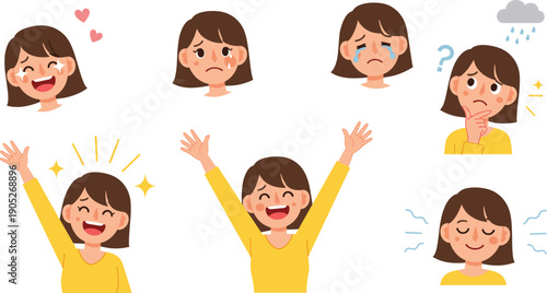 Woman Character Expressions and Emotions Set, Female Avatar Poses with Happy, Sad, Crying, and Thinking Face Isolated on White Background