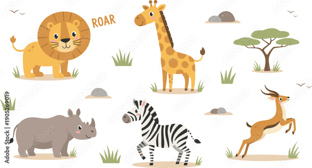 Naklejka premium Cute Safari Animal Illustration Set, Cartoon Lion, Giraffe, Rhino, Zebra and Gazelle for Nursery Decor, Kids Party and Educational Design