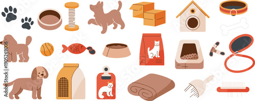 Pet care and dog accessories icon set featuring food toys grooming supplies bowls houses colorful flat vector collection