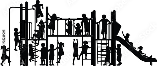 Children playground silhouette set, outdoor activity scene, climbing sliding interaction, physical play structure, vector sketch, flat cad drawing illustration