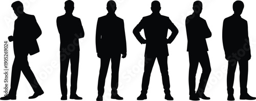 Six silhouettes of professionals in formal business attire standing side by side with varied postures, symbolizing teamwork, leadership, workplace diversity, unity, and collaboration