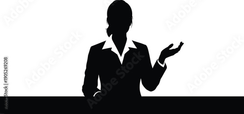 Businesswoman silhouette gesturing beside a blank space on a clean white background from a front viewpoint