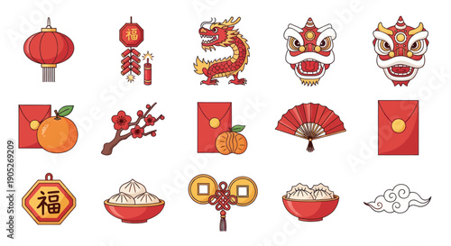 Chinese New Year Icons: Dragon, Lantern, Firecrackers, Lion Dance, Red Envelopes