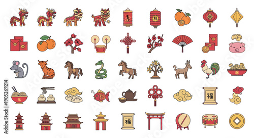 Chinese Zodiac Animals, Lanterns, and Symbols Pixel Art Collection