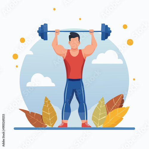 Strong athletic man lifting a heavy barbell overhead during a workout session