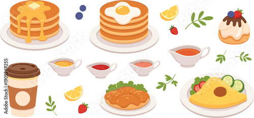 Breakfast and Brunch Food Illustration Set, Pancakes with Honey and Fried Egg, Omelet, Coffee and Fresh Berries for Cafe Menu Design