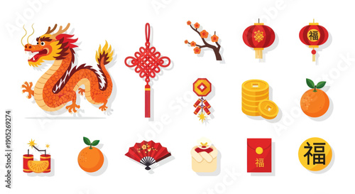 Chinese New Year Icons Collection: Dragon, Lanterns, Oranges, Coins, Fan, Lucky Knot