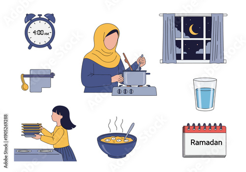 Ramadan Daily Fasting Routine and Suhoor Cooking Preparation Vector Icon Set