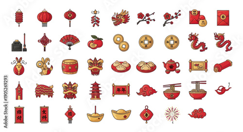 Chinese New Year Icons: Dragon, Lanterns, Red Envelopes, Coins, Firecrackers & More