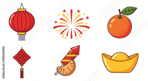 Chinese New Year Icons: Lantern, Firework, Orange, Knot, Firecracker, Gold Ingot