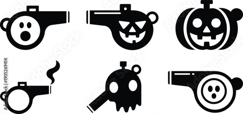 Spooky Halloween cannon icons set featuring pumpkin and ghost faces black silhouette weapons vector illustration graphic design collection bundle pack