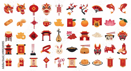 Chinese New Year Icons: Dragon, Lantern, Lion Dance, Firecrackers, Lucky Charms