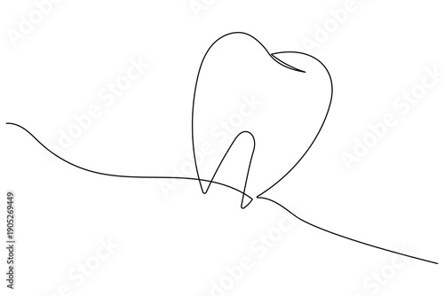 A clean and minimalist continuous one line drawing of a molar tooth, representing dental health and modern dentistry in a simple vector art style.