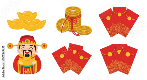 Chinese God of Wealth, Gold Ingots, Coins & Red Envelopes Isolated on White
