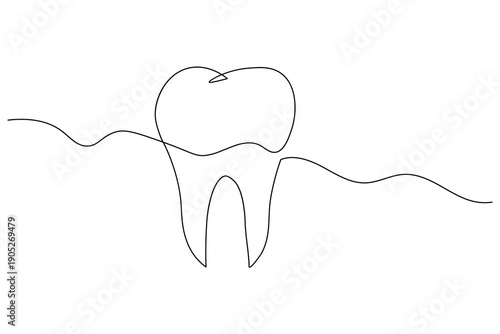 A clean and minimalist continuous one line drawing of a molar tooth, representing dental health and modern dentistry in a simple vector art style.