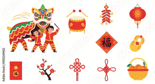 Chinese New Year Celebration Icons: Lion Dance, Lanterns, Firecrackers, Fortune Symbols