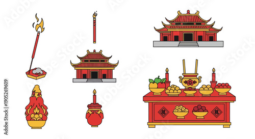 Chinese Temple Icons: Incense, Offerings, Architecture, Worship Altar, Candles, Fire