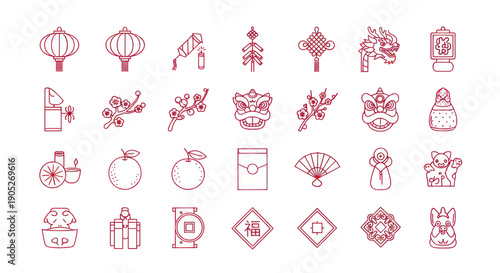 Chinese New Year Icons: Lanterns, Dragons, Oranges, Envelopes, Lions, Firecrackers