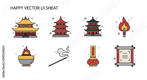 Cuadro en lienzo Vector Icons: Traditional Asian Buildings, Fire, Incense, Scroll