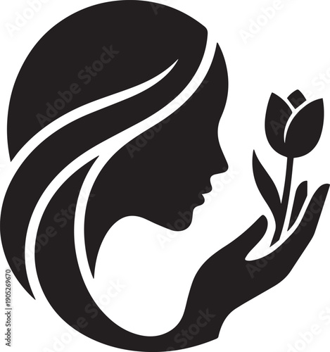Simple black silhouette icon of a beautiful woman with long hair holding a blooming tulip flower, symbolizing natural beauty, skin care cosmetics, and feminine spa wellness.