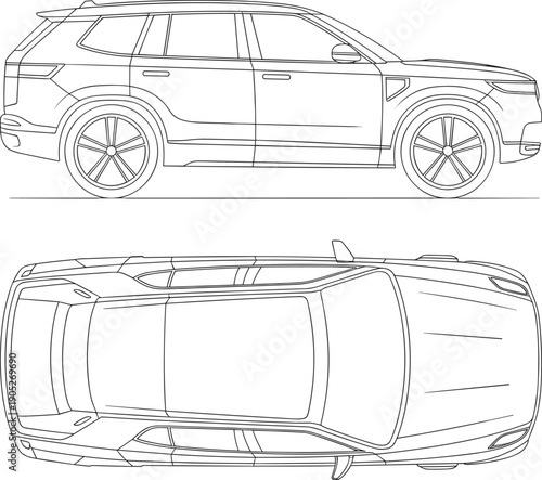 SUV car line art illustration, modern crossover vehicle outline from side and top views, detailed black vector design collection elements