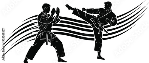 Dynamic martial arts silhouette vector illustration of two fighters sparring, karate high kick technique, taekwondo training action, sports combat fitness concept graphic, isolated.