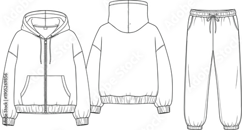 Technical fashion sketch of casual clothing set featuring hooded zip-up sweatshirt front and back views with jogger sweatpants, apparel design illustration for garment production