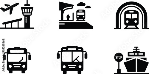 Transportation icon set with airport train bus tunnel ship stop symbols, public travel infrastructure black vector illustration collection