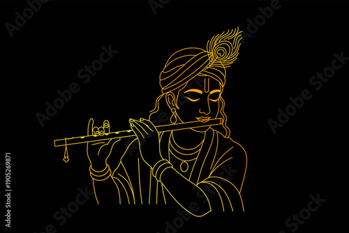 Elegant Line Art Illustration of Krishna Playing Flute on Dark Background