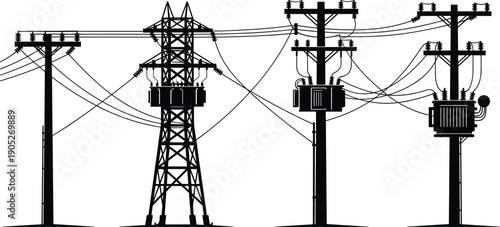 Electrical utility poles and transmission towers vector illustration, black silhouette, power grid infrastructure, energy distribution system, technical design, network structure