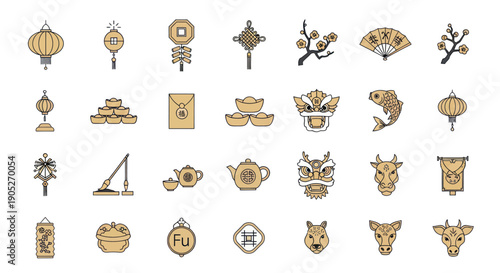 Chinese New Year Icons: Lanterns, Zodiac Animals, Gold, Tea Set, Dragon, Fan