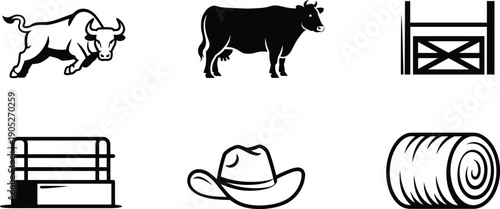 Western ranch icon set with bull cow fence hay bale cowboy hat livestock farming silhouette vector illustration isolated