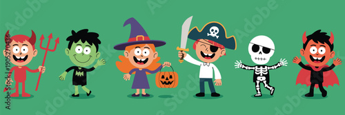 Funny and Cute Kids Vector Cartoon Character Set with Children in Halloween Costumes, Playful Illustration Collection for Party Invitations, Posters, Stickers, Cards, and Seasonal Kids Designs