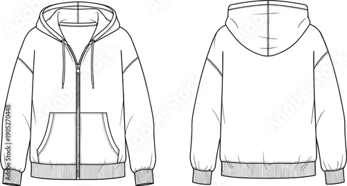 Technical flat sketch of hooded zip-up sweatshirt front and back views, fashion illustration for apparel design, garment construction, clothing pattern making and production