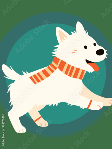 A white dog plays energetically with a bright orange scarf around its neck. The background is simple and colorful, adding joy to the scene.