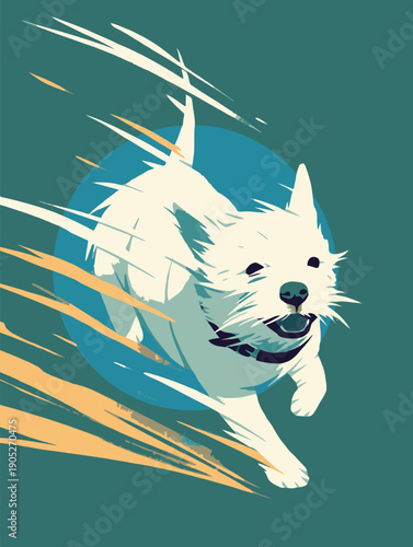 A dog runs quickly through a bright blue circle with yellow streaks. The background is green, and it is daytime.