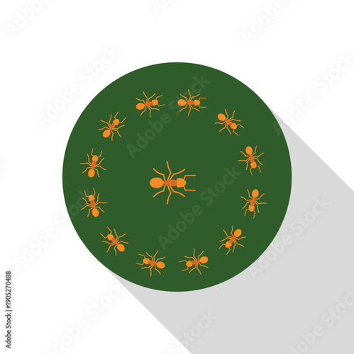 Ants arranging in a circular pattern on dark green background, symbolizing teamwork and organization
