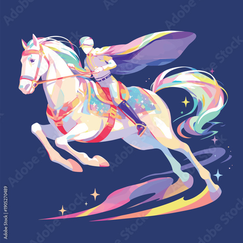 A knight rides a vibrant horse with a flowing mane, racing across a dark blue landscape filled with stars.