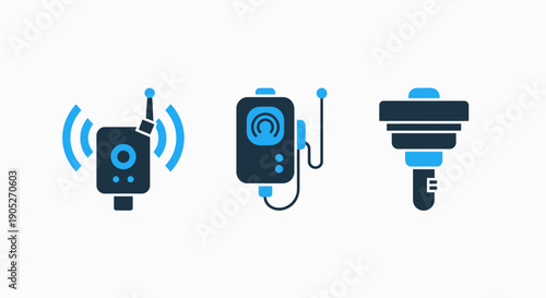 Set of icons for communication devices and tools: radio transmitter, handheld device, and speaker for broadcasting or signaling.