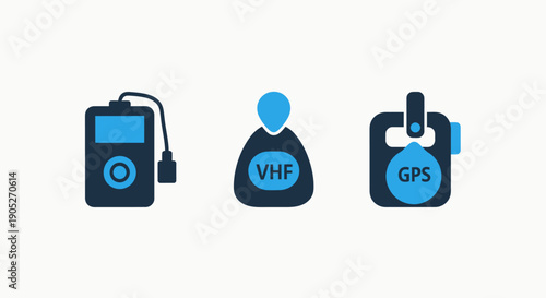 Set of three icons representing portable electronic devices: GPS tracker, VHF radio, and mp3 player for navigation and communication.