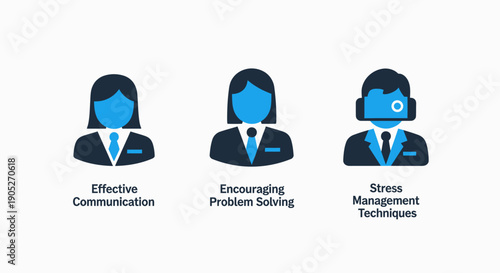 Icons for business skills and personal growth: effective communication, problem solving, and stress management techniques.