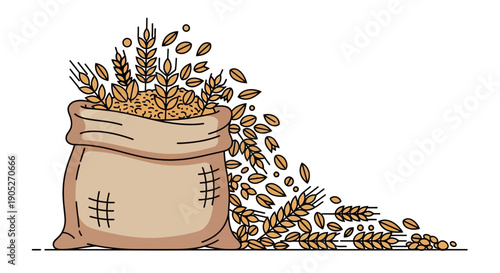 Wheat grains spilling from burlap sack