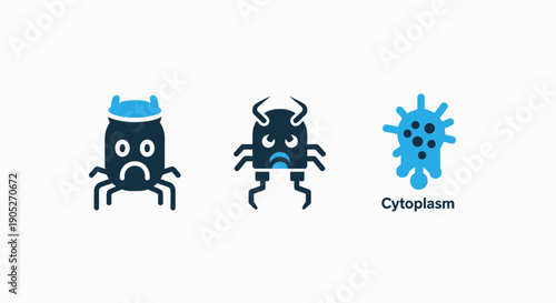 Cute cartoon icons of sad microscopic organisms and cells, including viruses and bacteria, for educational or humorous medical themes.