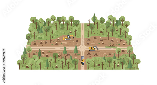 Deforestation scene with heavy machinery clearing trees