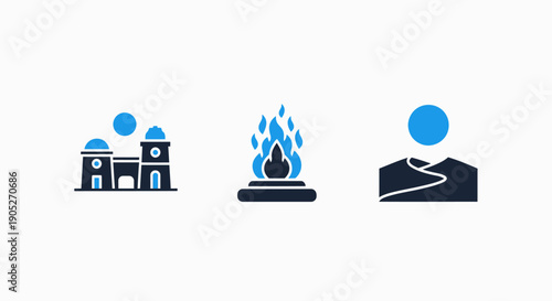 Set of three icons: a building, a campfire, and a desert landscape with a path, representing travel, adventure, or geographical elements.