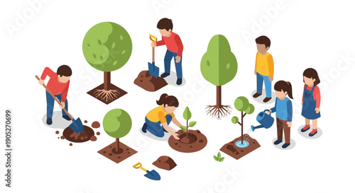 People planting trees and gardening together outdoors