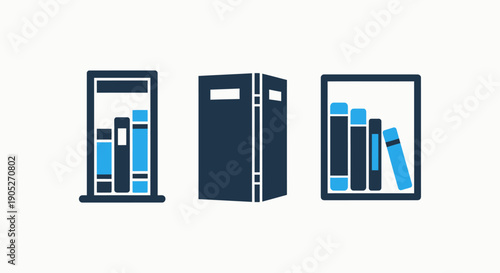 Bookshelf and Book Icons: Library, Reading, Knowledge - Education, Literature, and Information Storage