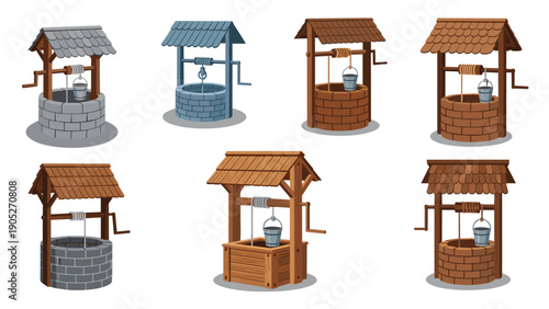 Traditional water well designs made of stone and wood with buckets and hand-cranks for rural and historical landscape illustrations.
