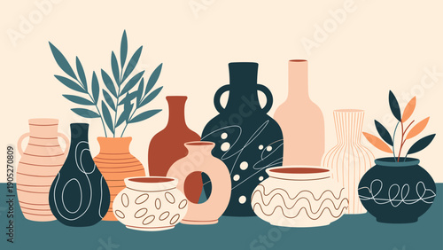 Artistic collection of ceramic vases and pottery in various earthy tones and shapes for home decor and interior design project concepts.