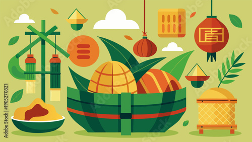 Dragon Boat Festival background with traditional zongzi rice dumplings, bamboo, and Chinese greeting .eps